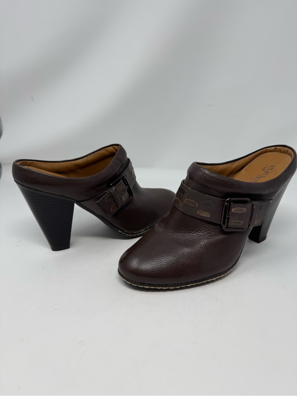 Eurosoft by Sofft Womens‎ Sacha Brown Leather Heeled Mules Slip On Buckle Clogs